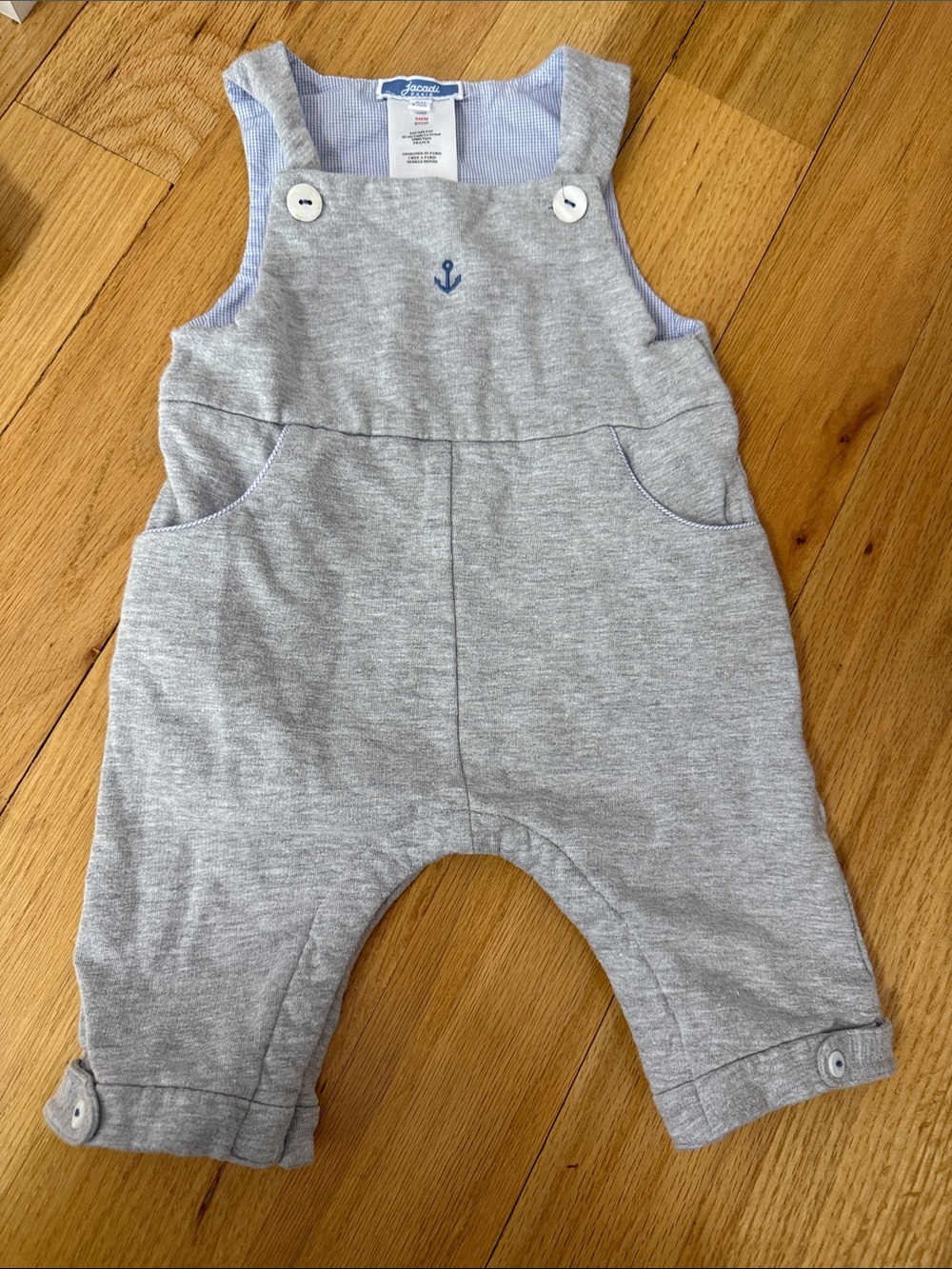 Jacadi Gray Overalls with Blue Anchor Accent